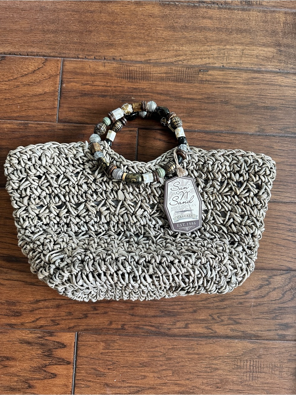 Sun 'N' Sand Gray Straw Zip Tote Bag Beaded Handle